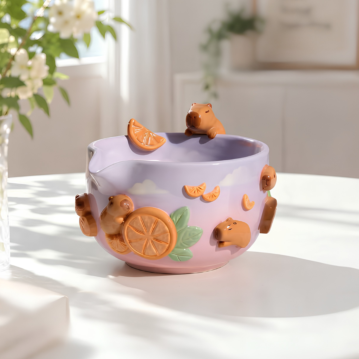 Capybara Orange Ombre Matcha Bowl Set, Handmade Ceramic Chawan with Whisk Holder, Cute Matcha Gift for Tea Lover | LA045