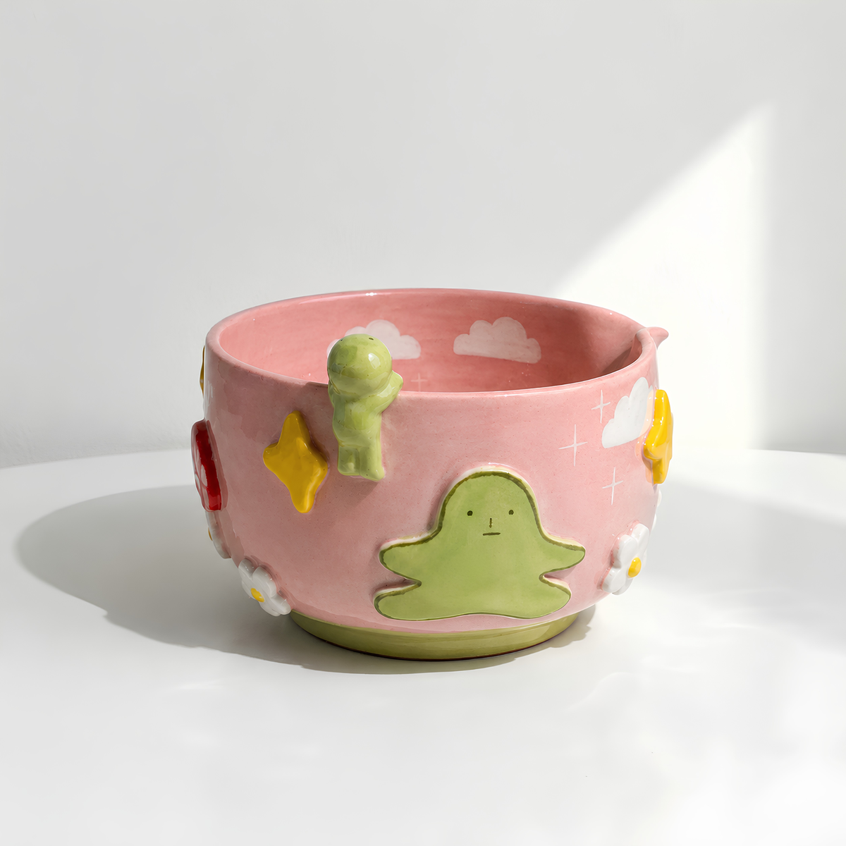 Fairytale Pink Sky Smiski 3D Handcrafted Ceramic Matcha Bowl and Whisk Holder Set • HX07