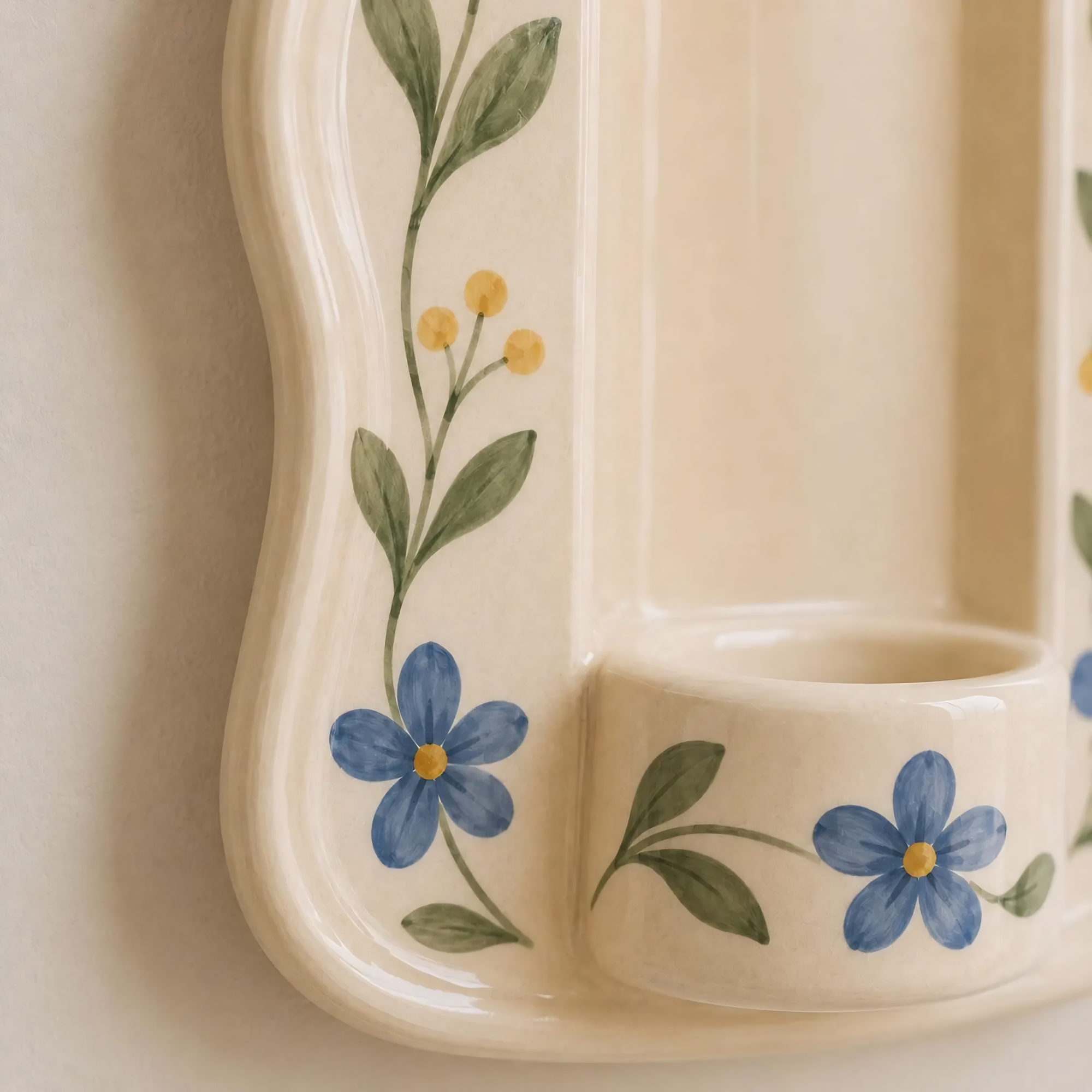 Ceramic Wall Candle Holder, Hand Painted Blue Floral Sconce, Vintage Cottagecore Taper Candle Decor, Farmhouse Wall Accent | LA140