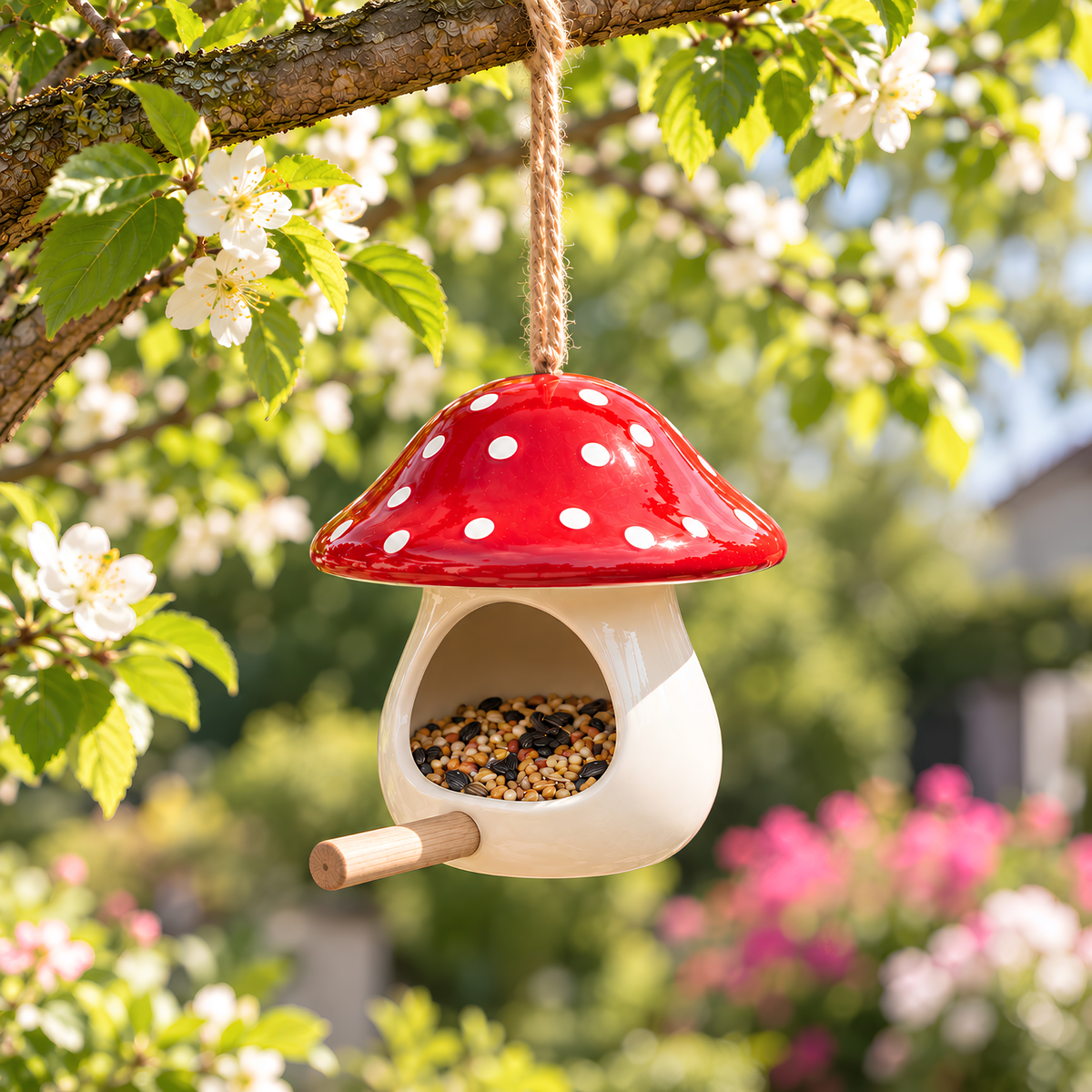 Mushroom Ceramic Bird Feeder - Hanging Seed Holder with Perch, Handmade Ceramic Garden Decor