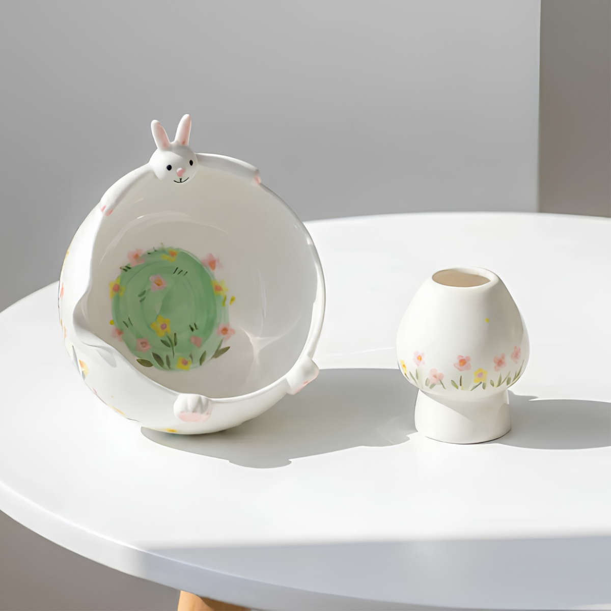 White Bunny Hug 3D Handcrafted Ceramic Matcha Bowl and Floral Whisk Holder Set • HX11