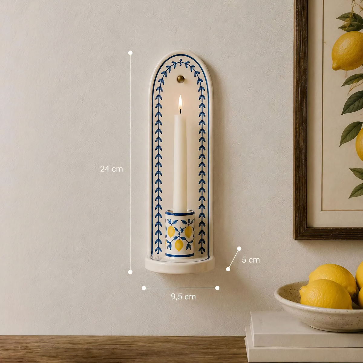 Lemon Wall Candle Holder, Handmade Ceramic Wall Sconce, Mediterranean Wall Decor, Italian Kitchen Decor, Blue White Decor | LA123