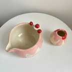 Handmade Pink Cherry Cake & Ribbon Bow Ceramic Matcha Bowl Set | Cute Spouted Chawan & Whisk Holder • HX51