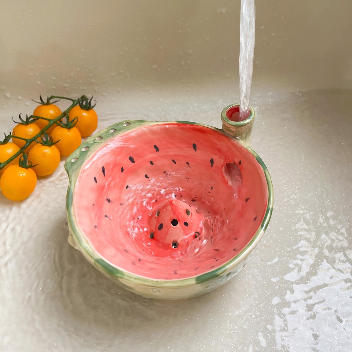 Watermelon Ceramic Berry Washing Bowl, Fruit Rinser Colander with Side Water Inlet, Fruit Gift, Hostess Gift| LA105