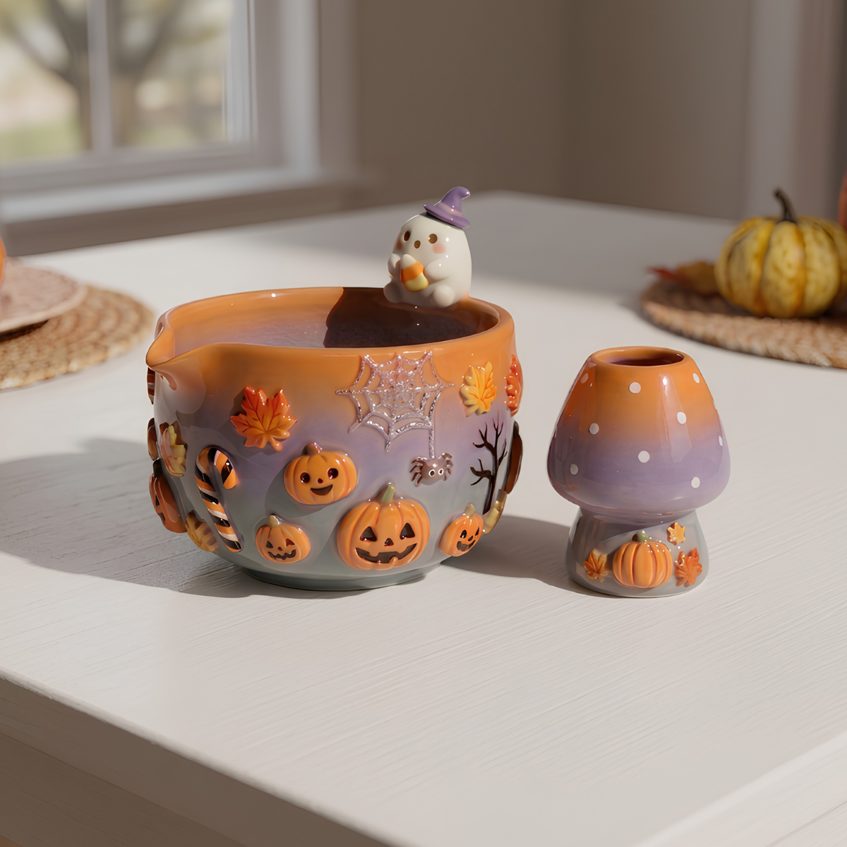 Halloween Ghost Matcha Bowl Set | Handmade Ceramic Pumpkin Whisk Holder | Orange Purple Ombre Autumn Chawan | Cute Fall Gift for Tea Lovers | LA053