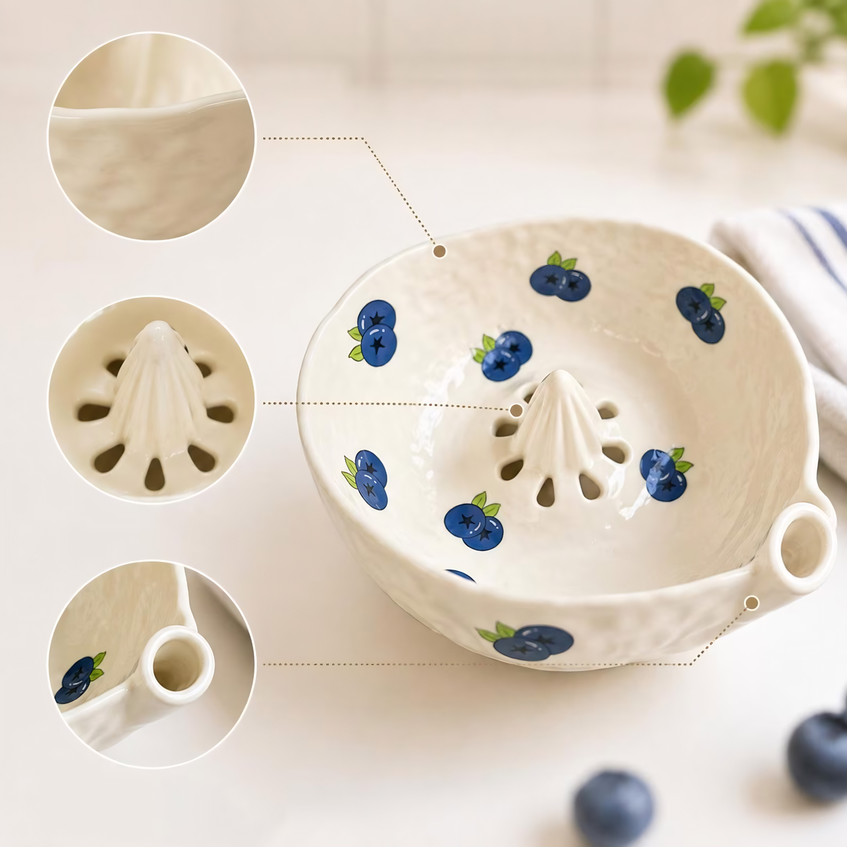 Ceramic Berry Bowl Colander, Fruit Strainer Washing Bowl with Drain, Strawberry Blueberry Cottagecore Kitchen Decor, Housewarming Gift | LA103
