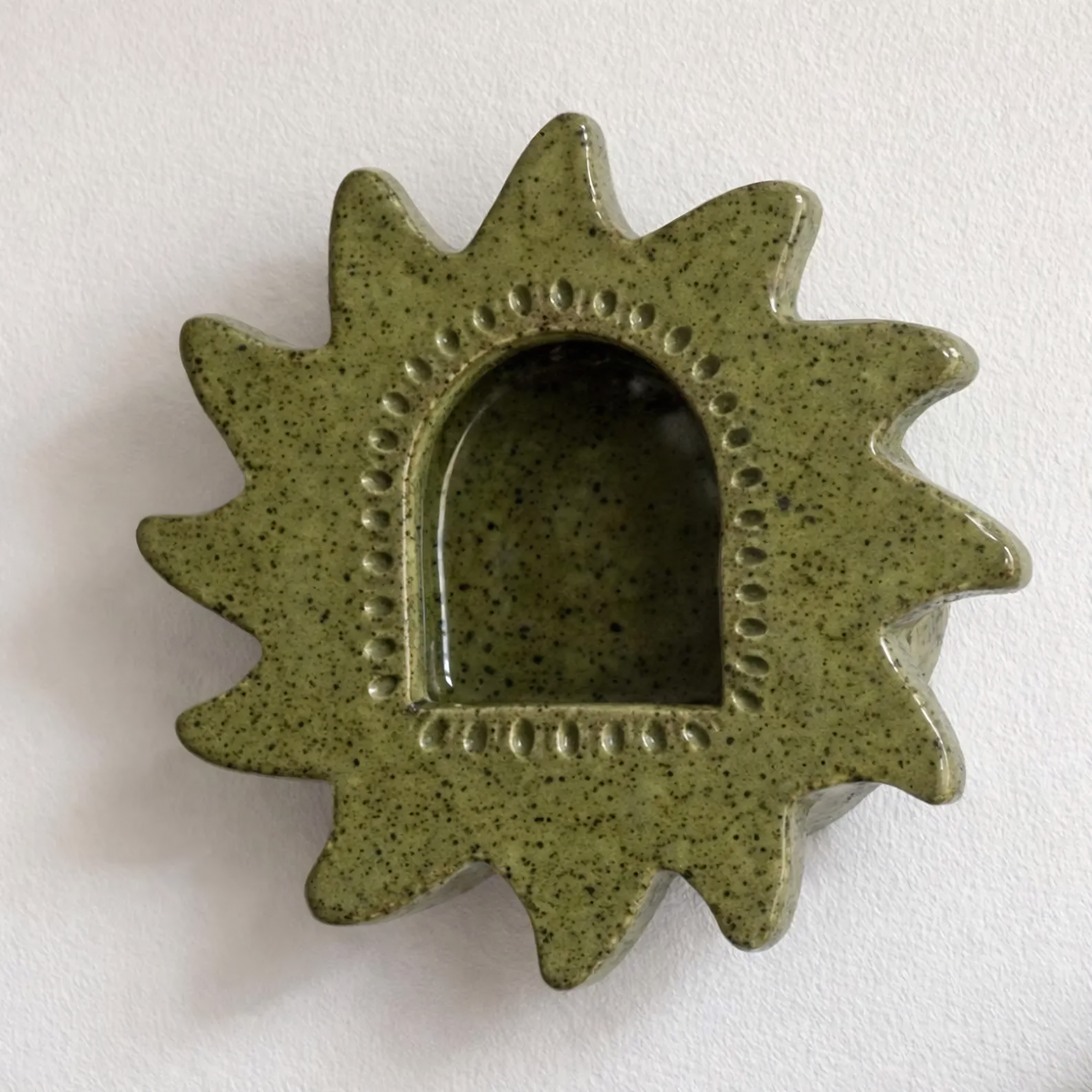 Handmade Ceramic Sun Wall Candle Holder, Green Speckled Sconce, Cozy Cottagecore Decor | LA113