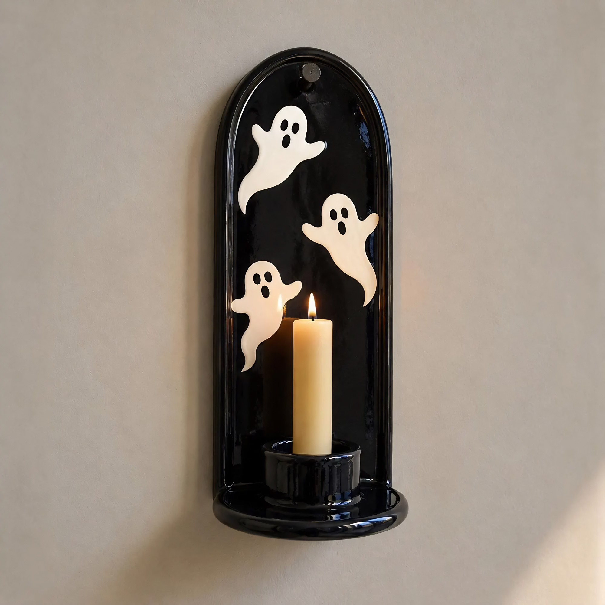 Ghost Wall Candle Holder, Halloween Wall Sconce, Handmade Ceramic Taper Candle Holder, Black Gothic Wall Decor, Spooky Home Decor | LA133