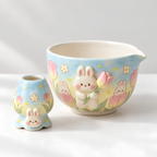 Bunny Tulip Matcha Bowl Set, Spouted Chawan & Whisk Holder, Handmade Ceramic Tea Set, Kawaii Gift for Bunny & Matcha Lovers