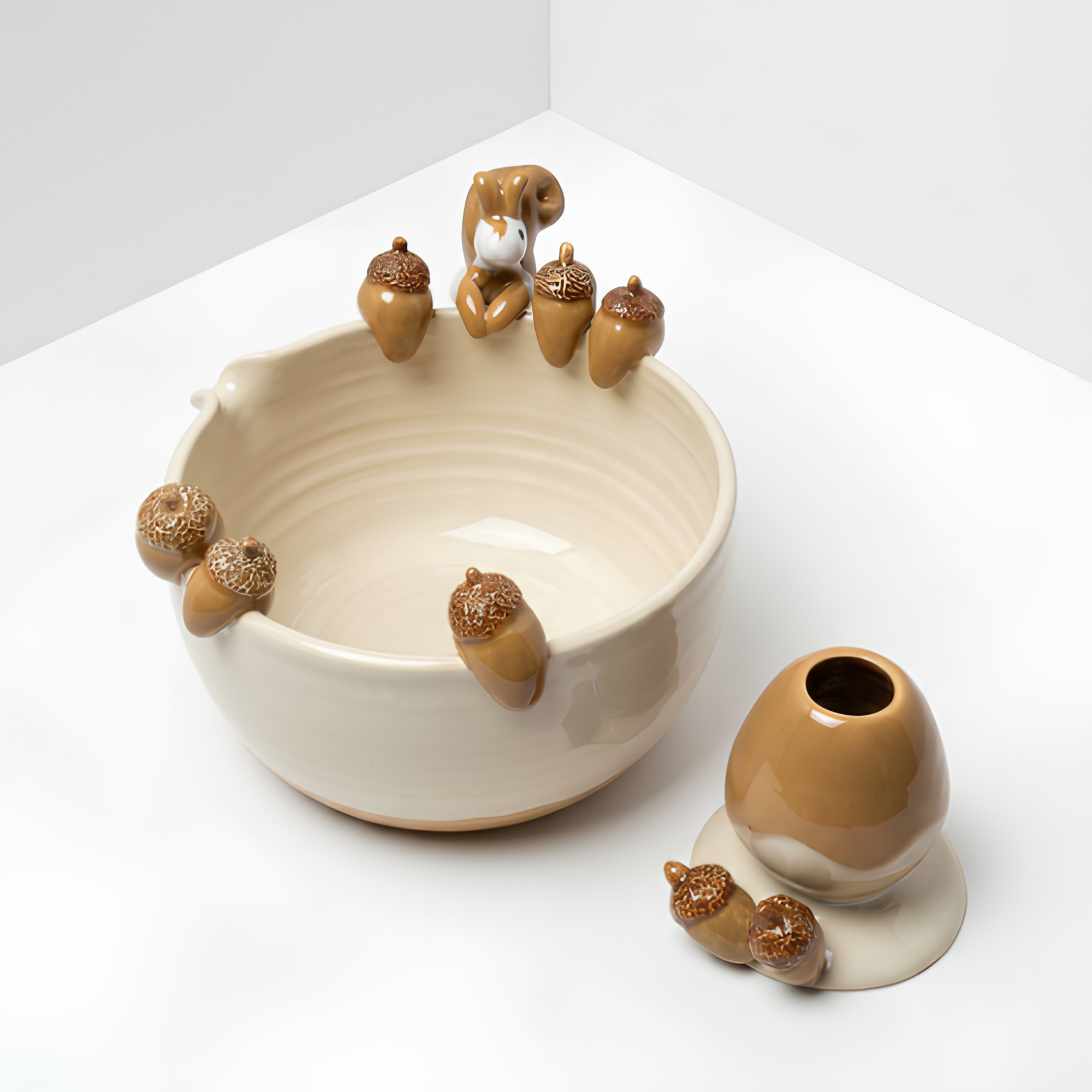 Autumn Forest Squirrel & Acorn 3D Handcrafted Ceramic Matcha Bowl and Whisk Holder Set • HX17