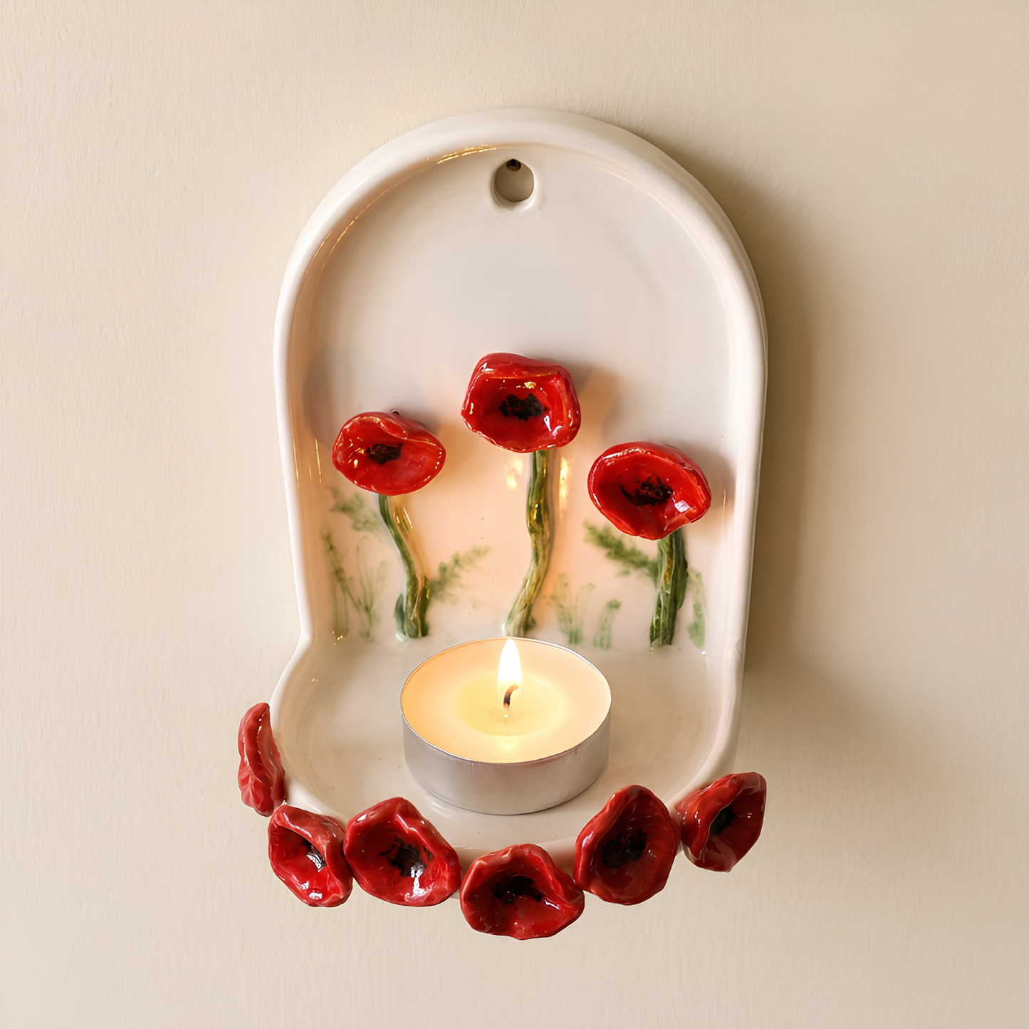 Handmade Ceramic Poppy Flower Wall Tealight Candle Holder - NN04