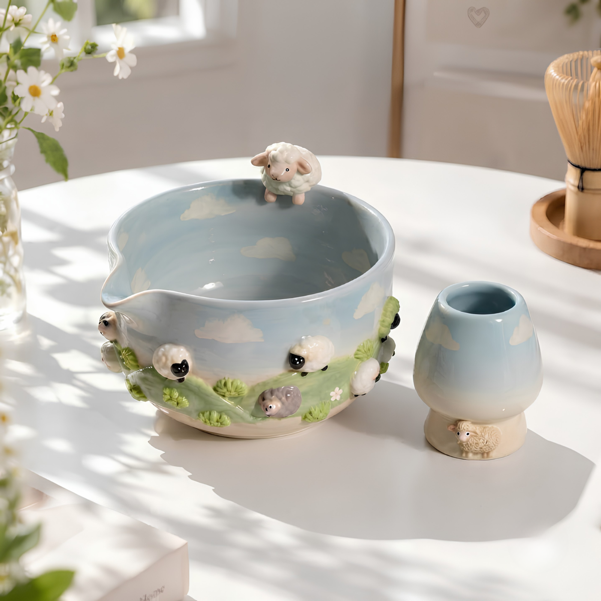 Sheep Matcha Bowl Set, Handmade Ceramic Matcha Set, Cute Chawan with Whisk Holder, Cottagecore Matcha Gift for Tea Lover | LA046