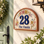 Personalized Floral Ceramic House Number Sign - Custom Address Plaque, Handmade Cottage Door Decor.