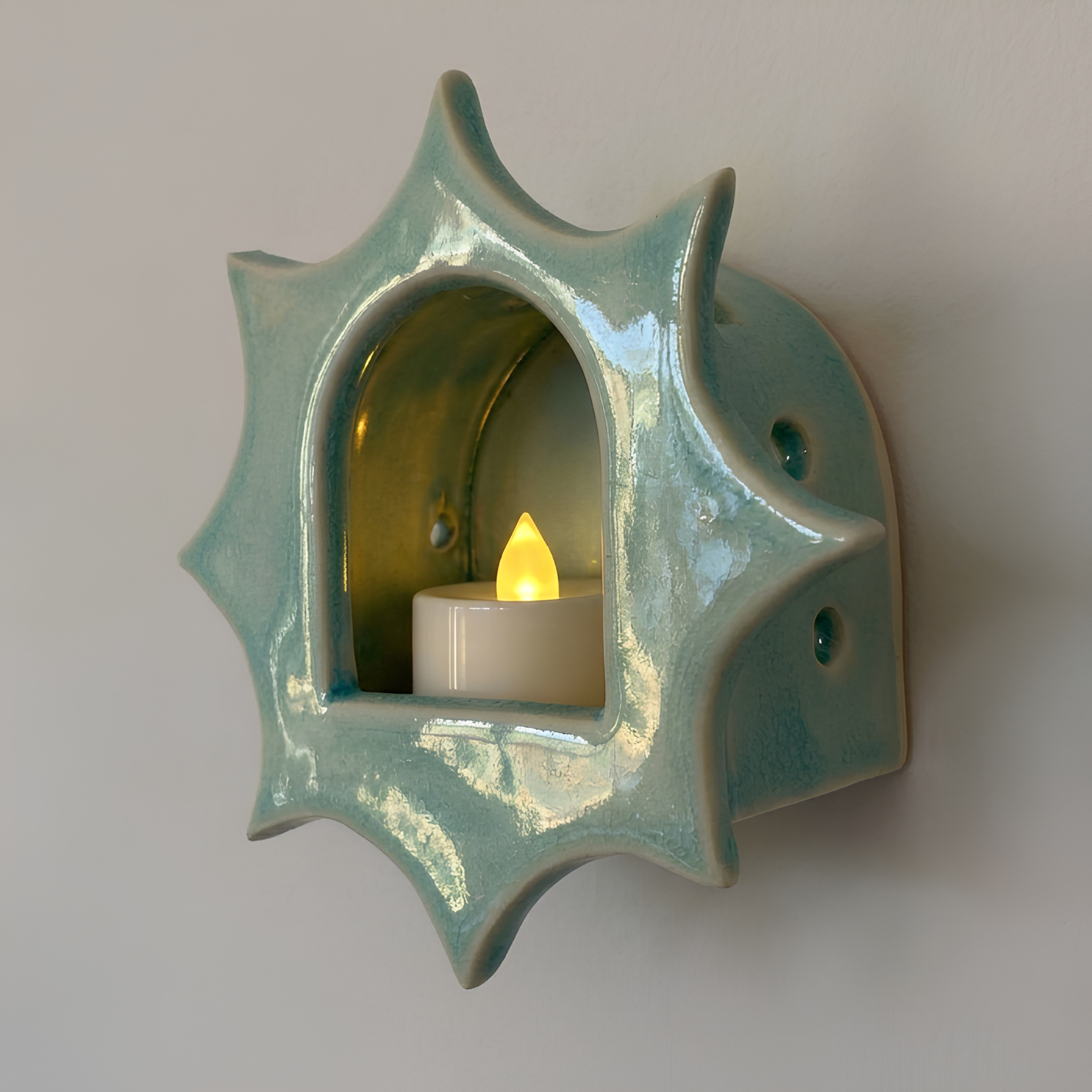 Mint Green Glossy Glaze Candle Holder – Celestial Boho Decor| LA112