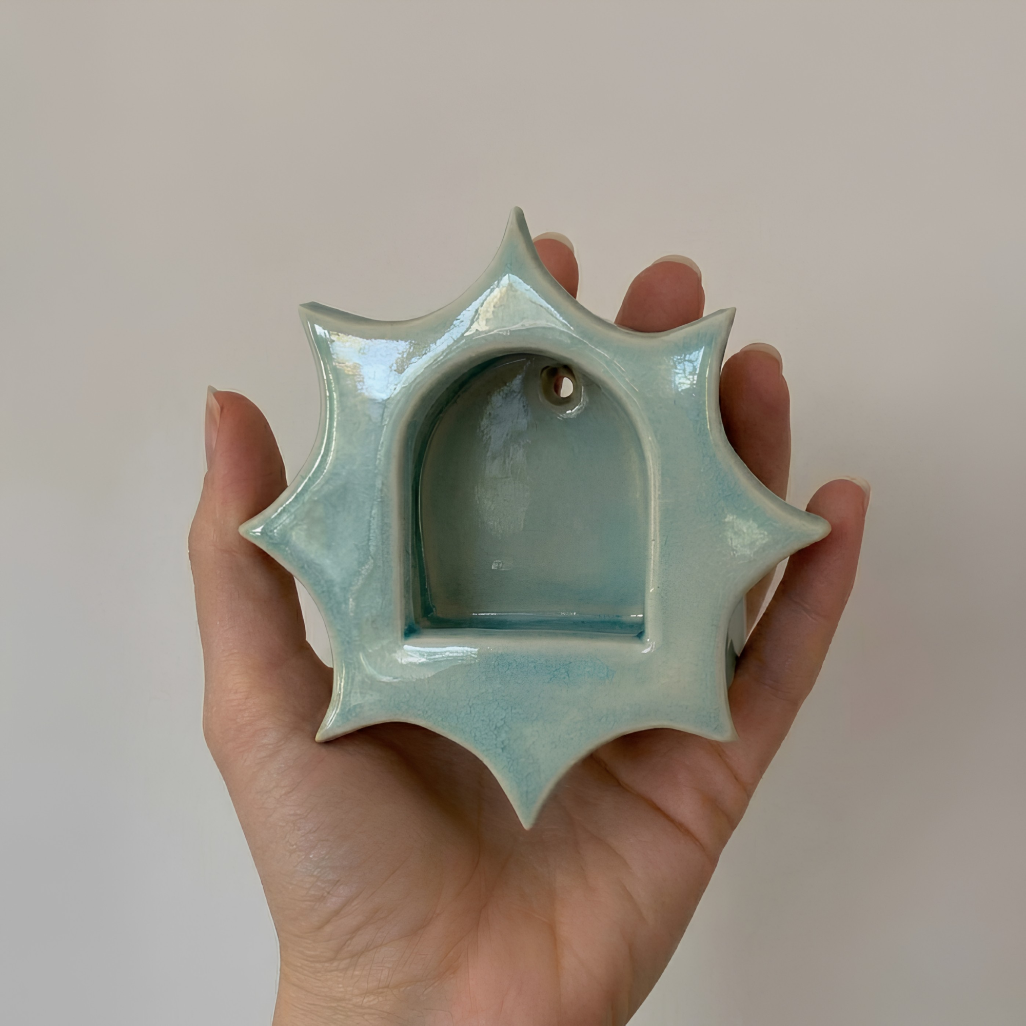 Mint Green Glossy Glaze Candle Holder – Celestial Boho Decor| LA112