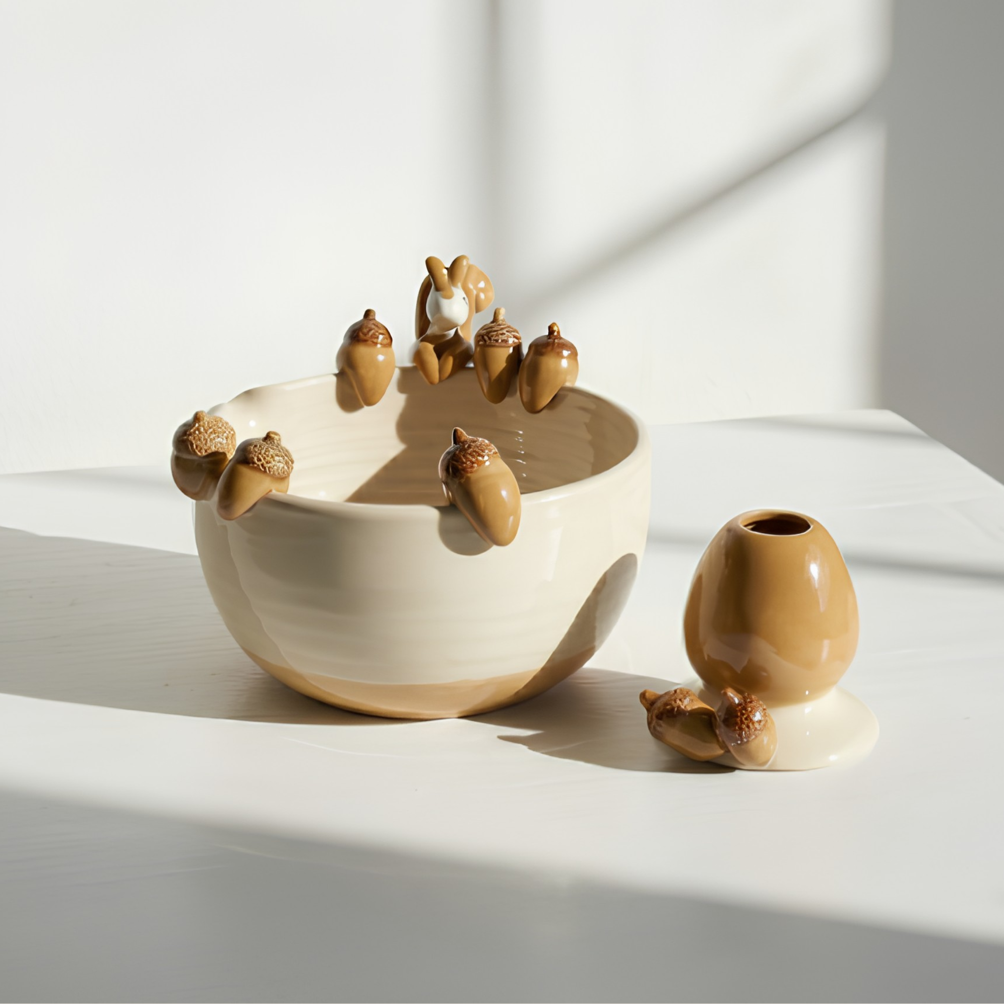 Autumn Forest Squirrel & Acorn 3D Handcrafted Ceramic Matcha Bowl and Whisk Holder Set • HX17