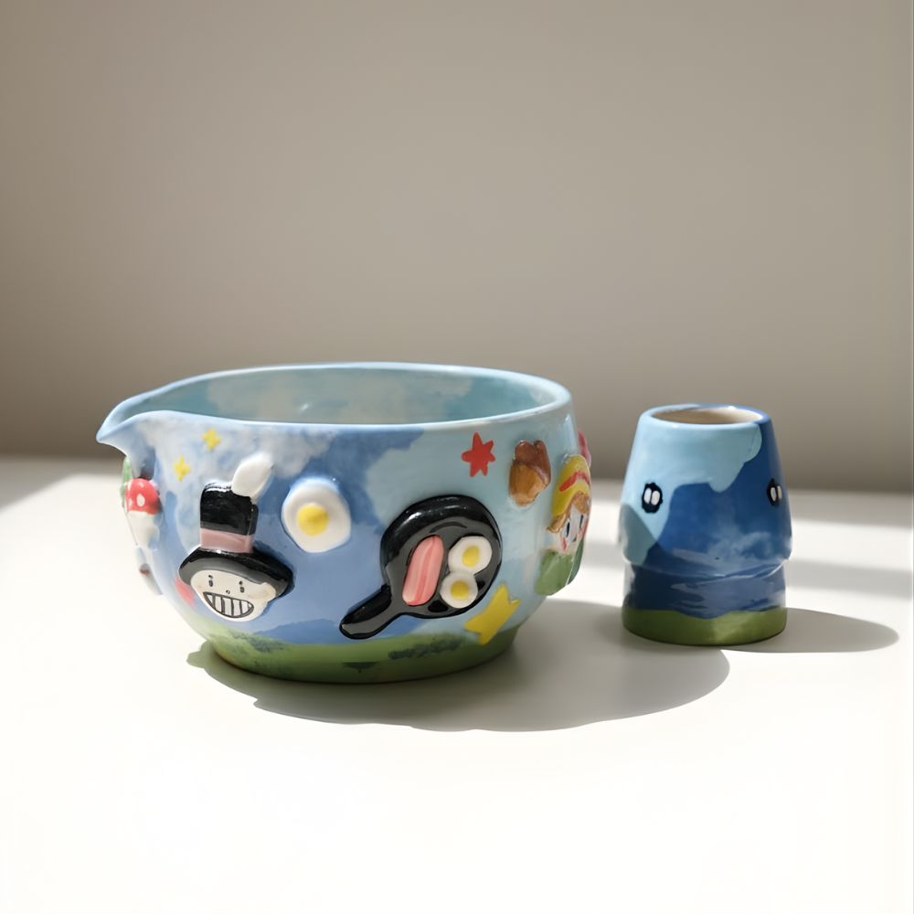 Whimsical Sky Matcha Bowl Set, Handmade Ceramic Chawan with Whisk Holder, Cute Fantasy Matcha Gift | LA044