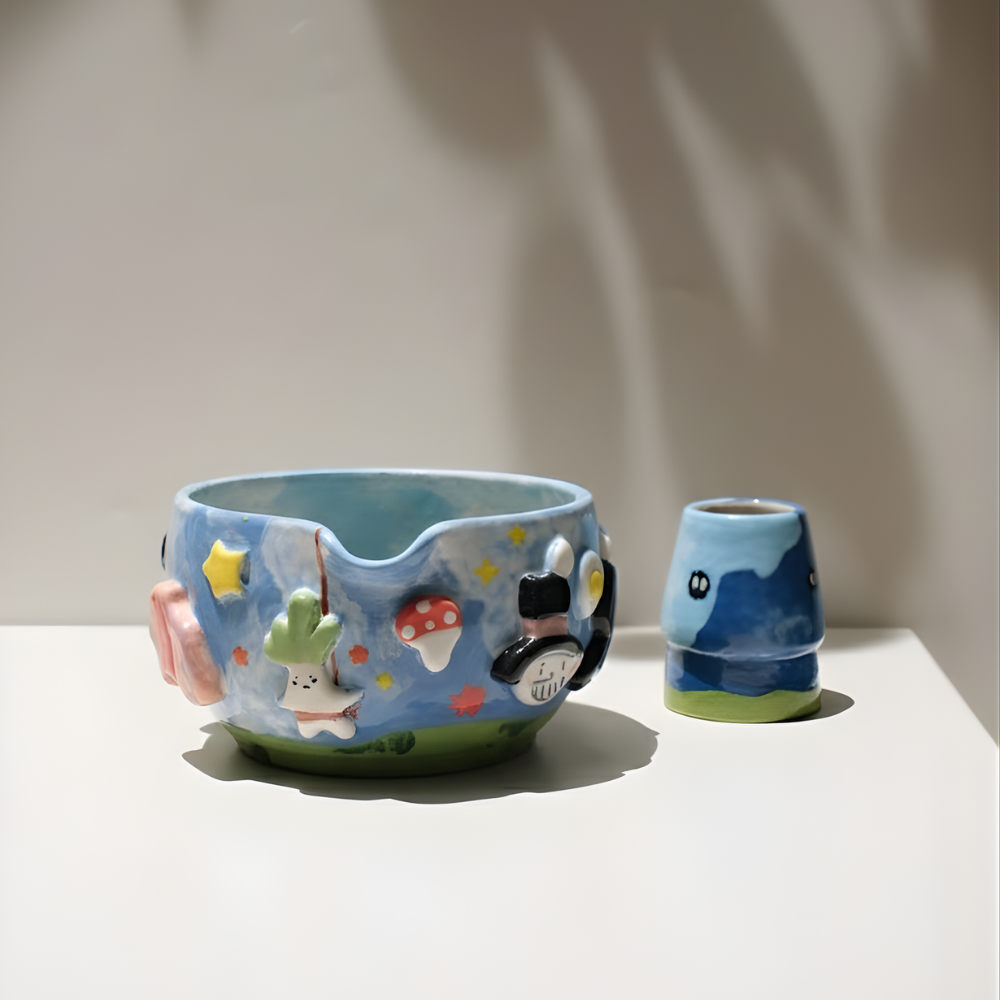 Whimsical Sky Matcha Bowl Set, Handmade Ceramic Chawan with Whisk Holder, Cute Fantasy Matcha Gift | LA044