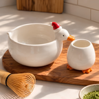 Goose Matcha Bowl Set, Handmade Ceramic Chawan with Spout & Whisk Holder, Cute Duck Tea Set