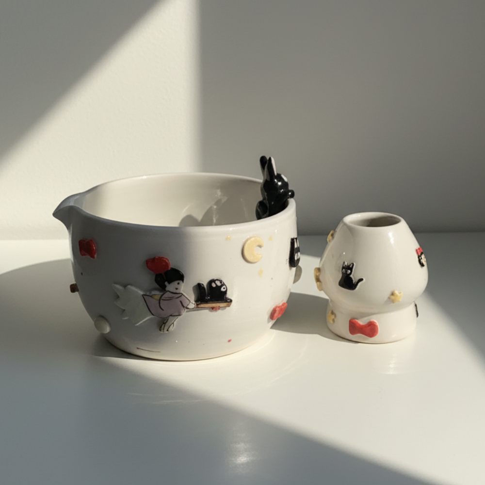 Handcrafted 3D Black Cat Ceramic Matcha Bowl with Spout, Cute Kitten Embossed Matchawan, Whimsical Cozy Black Cat Tea Cup, Gift for Cat Lover • HX16