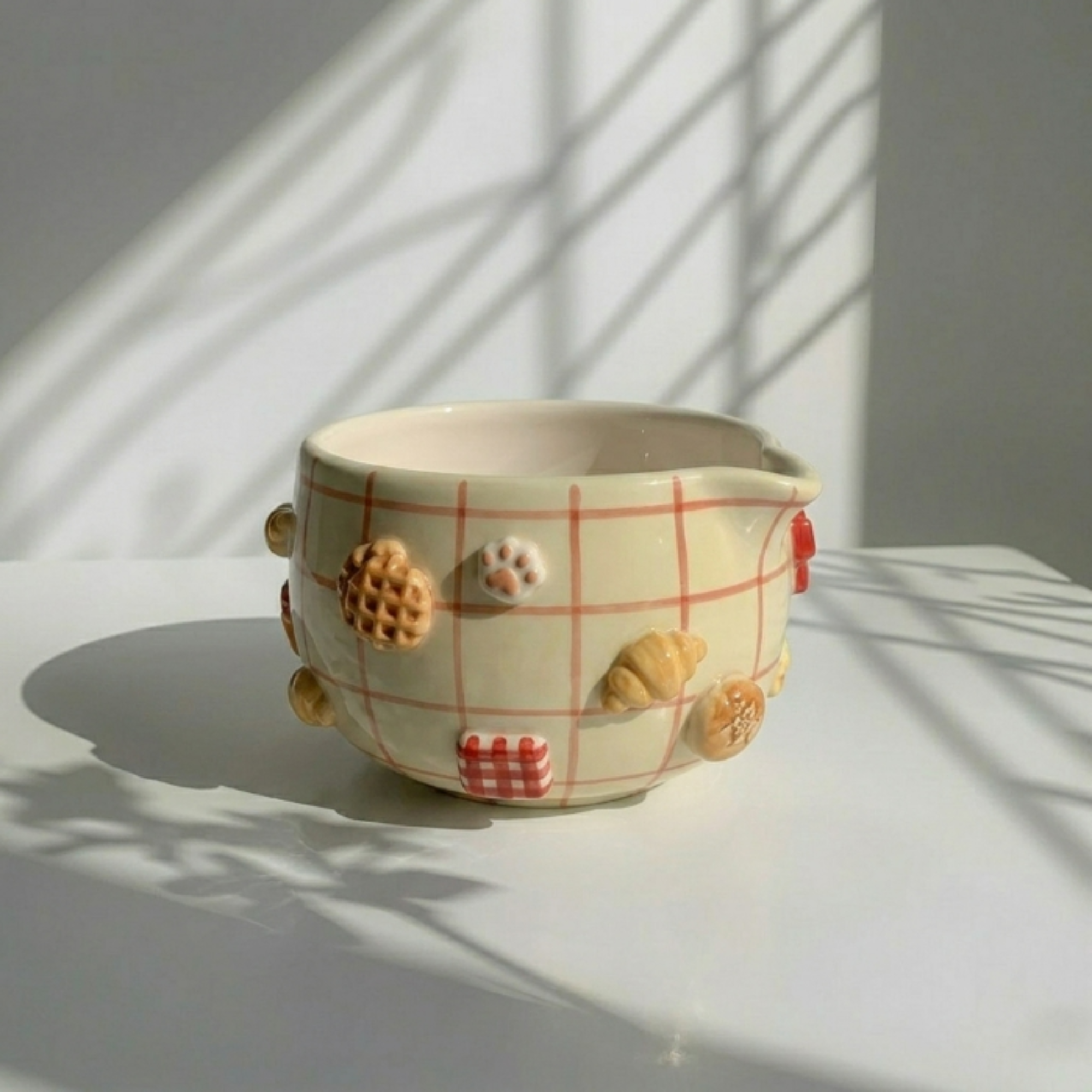 Grid Cute Cat Matcha Bowl | Handmade Ceramic Chawan | LA019