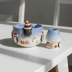 Christmas Penguin Matcha Bowl, Handmade Ceramic Matcha Set with Whisk Holder, Cute Winter Chawan, Penguin Gift for Matcha Lover | LA050