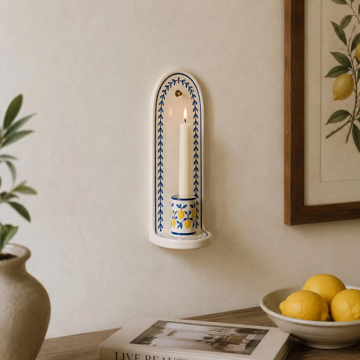 Lemon Wall Candle Holder, Handmade Ceramic Wall Sconce, Mediterranean Wall Decor, Italian Kitchen Decor, Blue White Decor | LA123