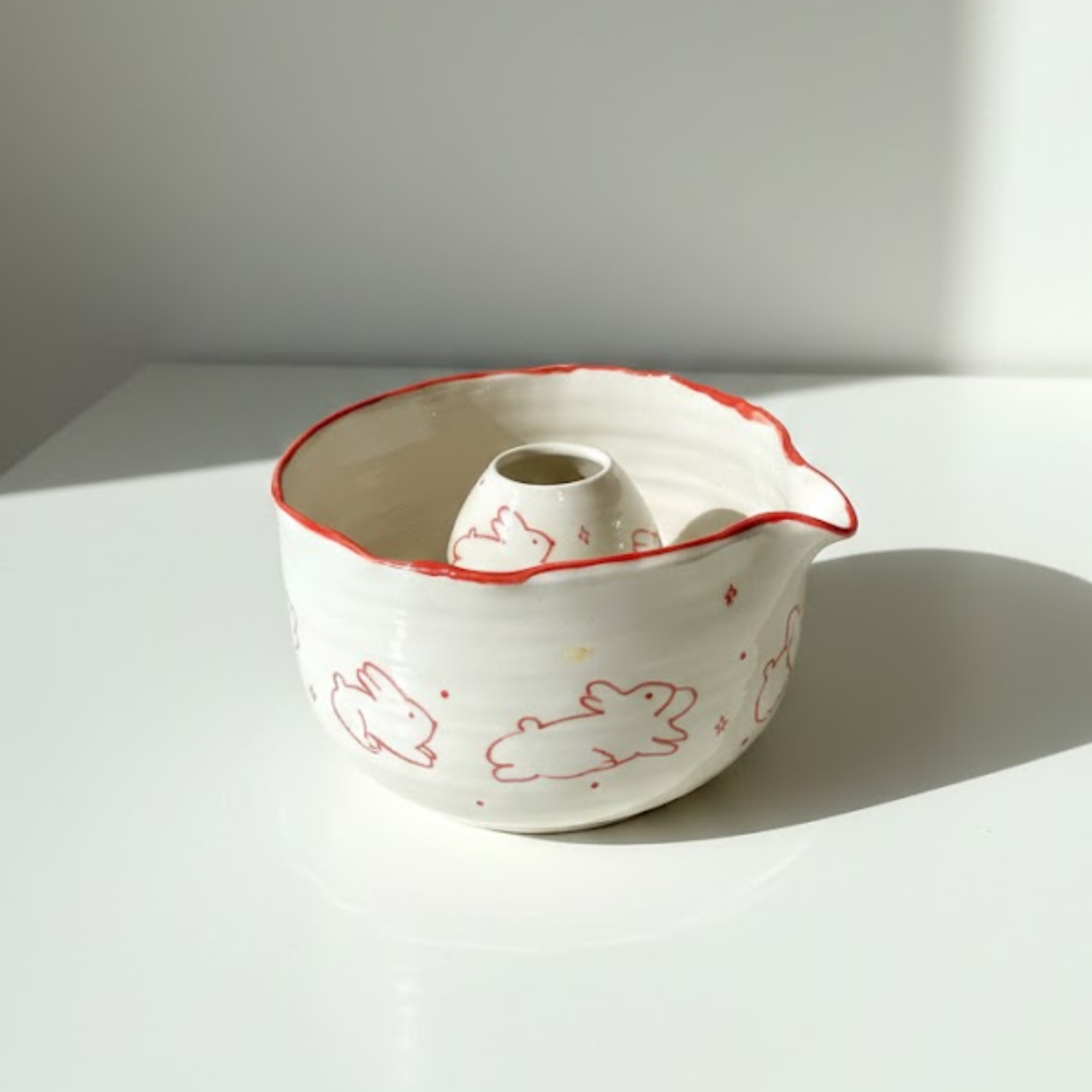 Minimalist Red Line Bunny Hand-Painted Ceramic Matcha Bowl and Whisk Holder Set • HX08