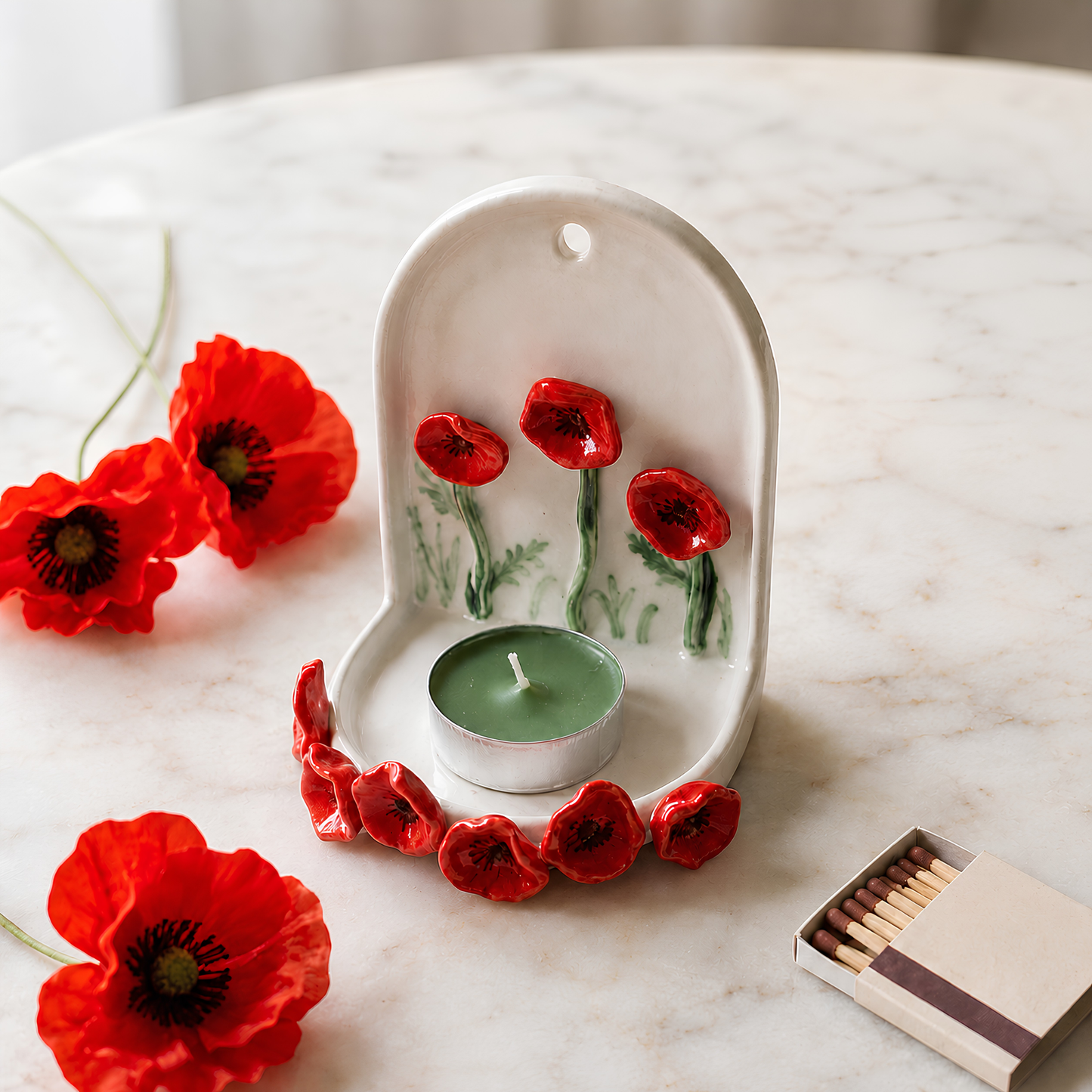 Handmade Ceramic Poppy Flower Wall Tealight Candle Holder - NN04