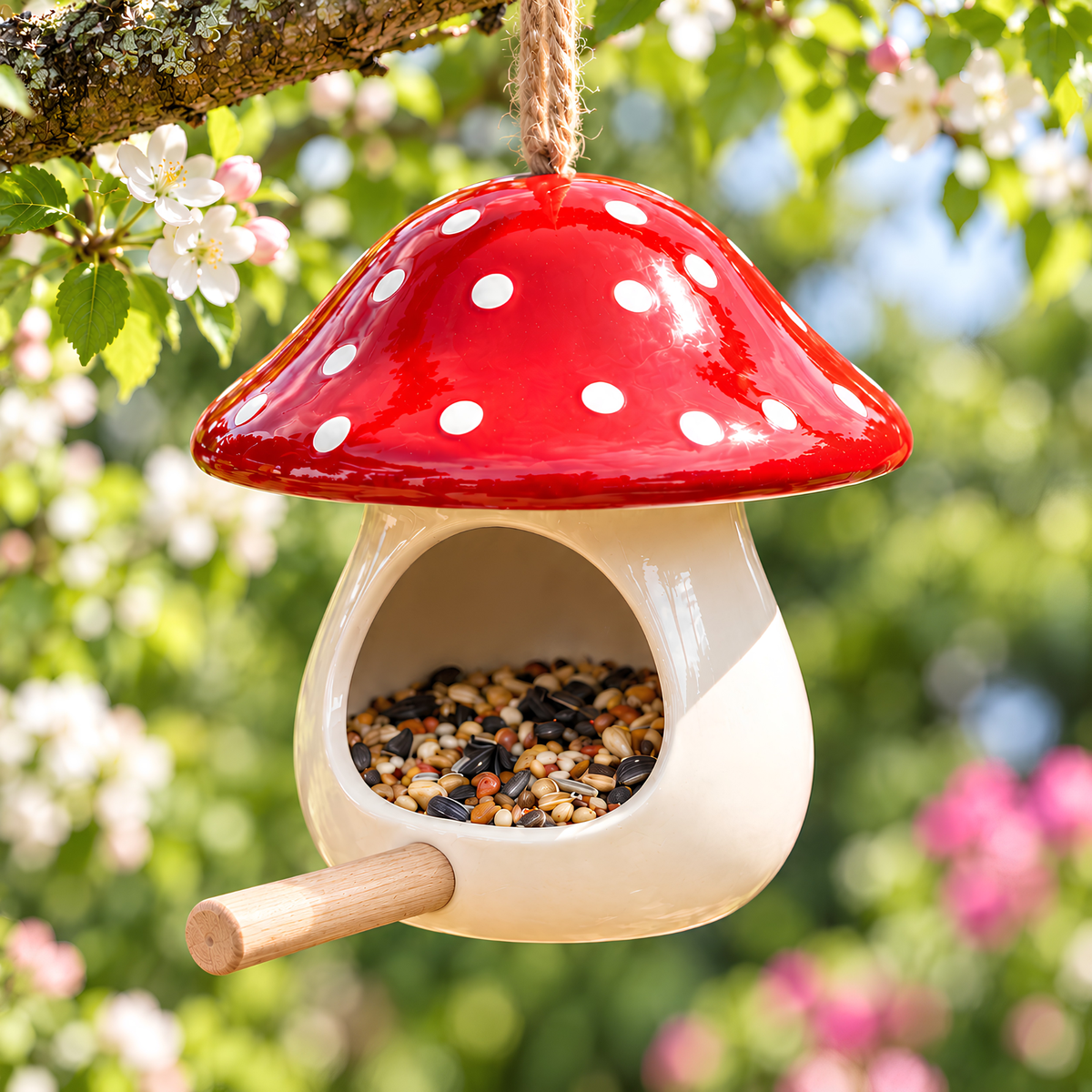 Mushroom Ceramic Bird Feeder - Hanging Seed Holder with Perch, Handmade Ceramic Garden Decor