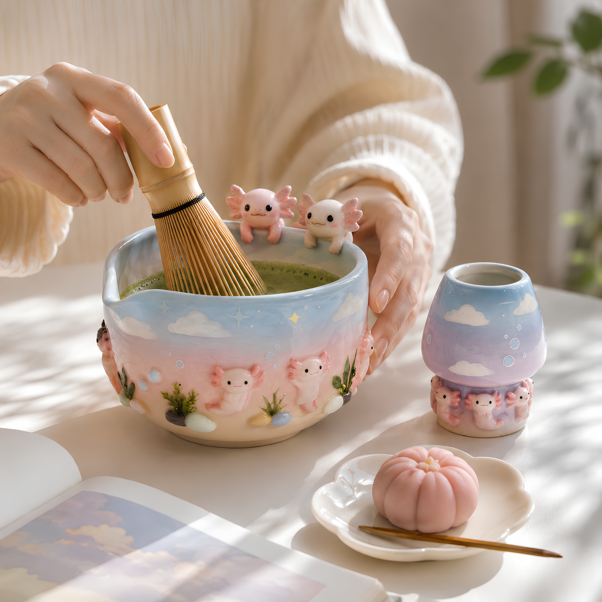 Ombre Axolotl Matcha Bowl | Handmade Ceramic Matcha Set | LA042