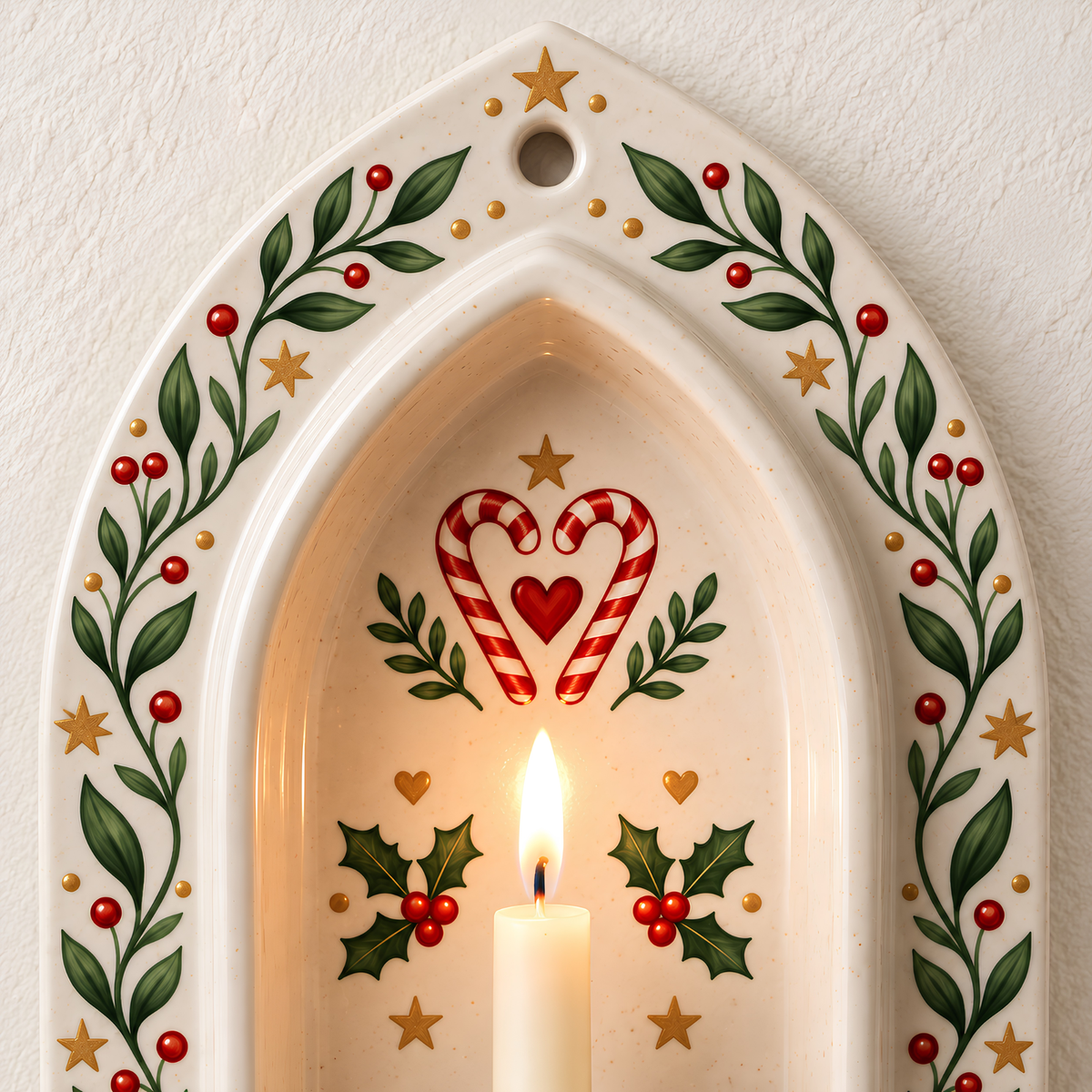 Christmas Ceramic Wall Candle Holder - Taper Sconce, Hand Painted Holly & Candy Cane Pottery Decor, Holiday Housewarming Gift