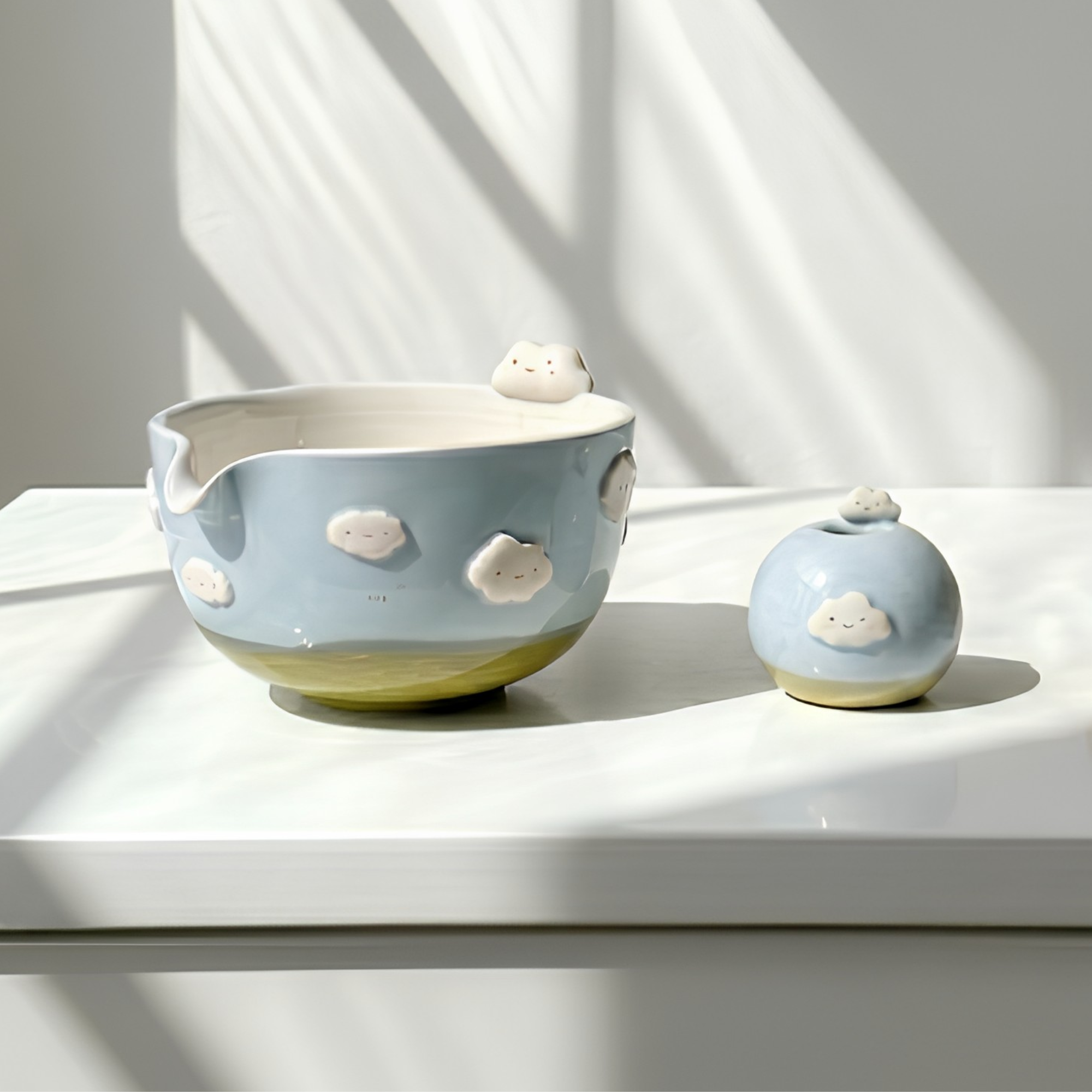 Dreamy Blue Sky & White Cloud 3D Handcrafted Ceramic Matcha Bowl and Whisk Holder Set • HX21