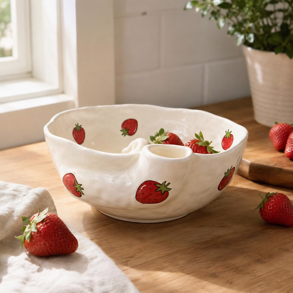 Ceramic Berry Bowl Colander, Fruit Strainer Washing Bowl with Drain, Strawberry Blueberry Cottagecore Kitchen Decor, Housewarming Gift | LA103