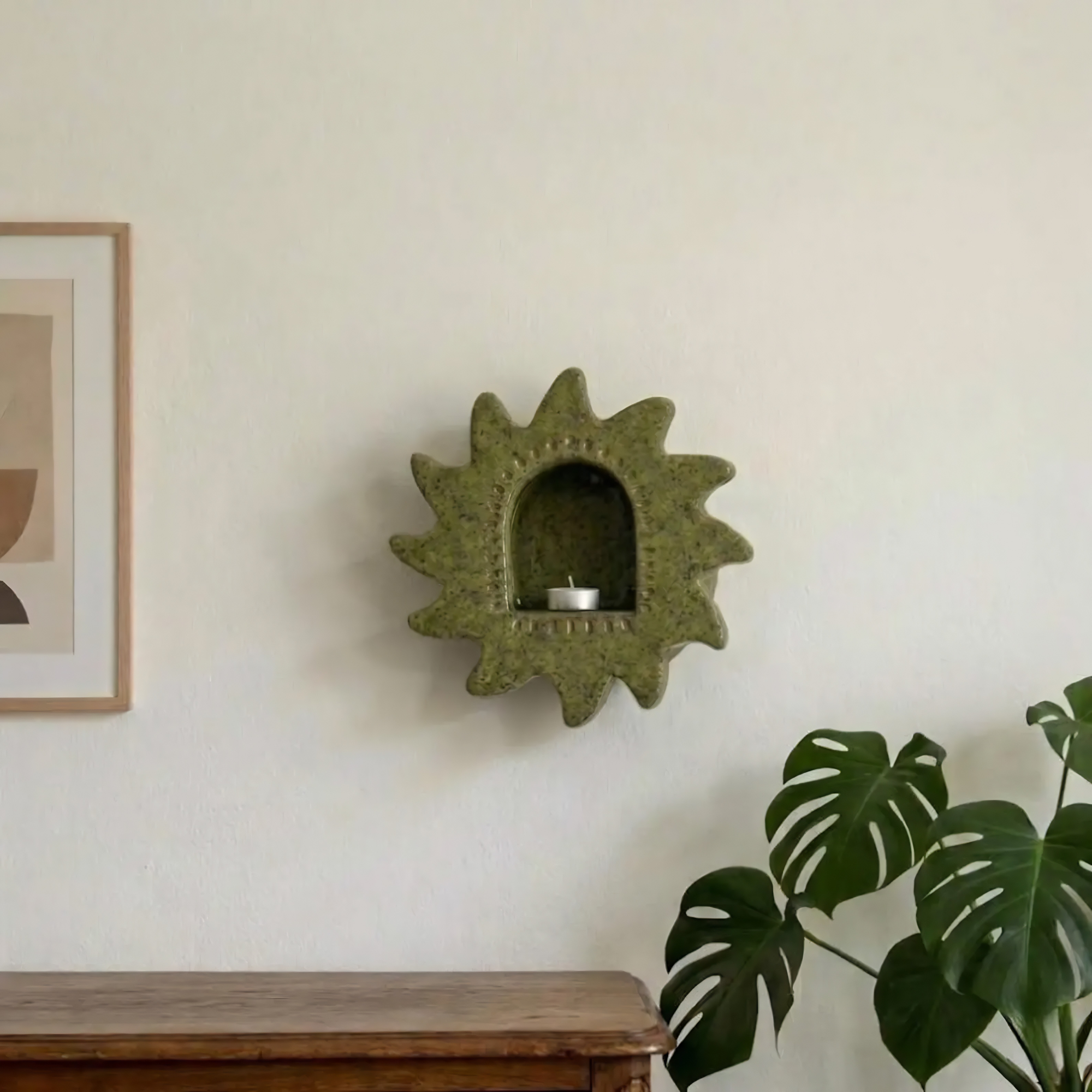 Handmade Ceramic Sun Wall Candle Holder, Green Speckled Sconce, Cozy Cottagecore Decor | LA113