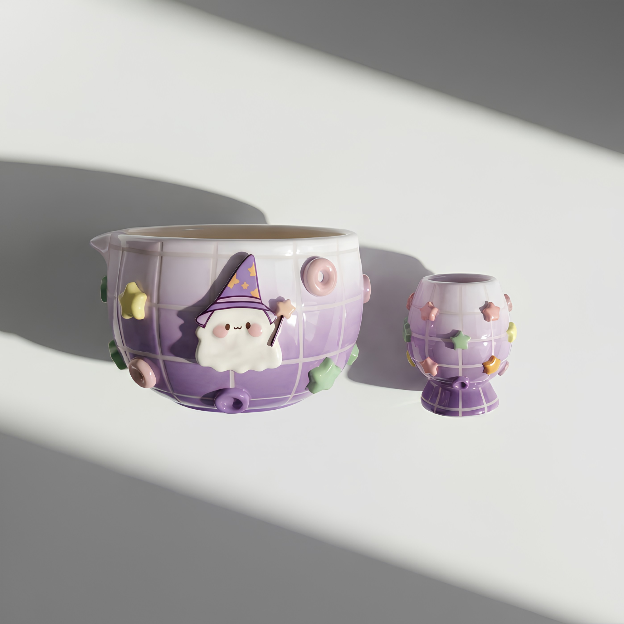 Purple Grid Matcha Bowl Set, Handmade Magic Ceramic Chawan, Whimsical Tea Bowl, Fantasy Matcha Gift | Handmade Ceramic Chawan | LA030