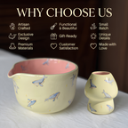 Handmade Blue Whale Ceramic Matcha Bowl Set | Pastel Yellow Spouted Chawan & Whisk Holder • HX53