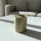 Handcrafted Ceramic Travel Mug with Built-in Lid, Minimalist Blue Grid Commuter Coffee Cup • HX09