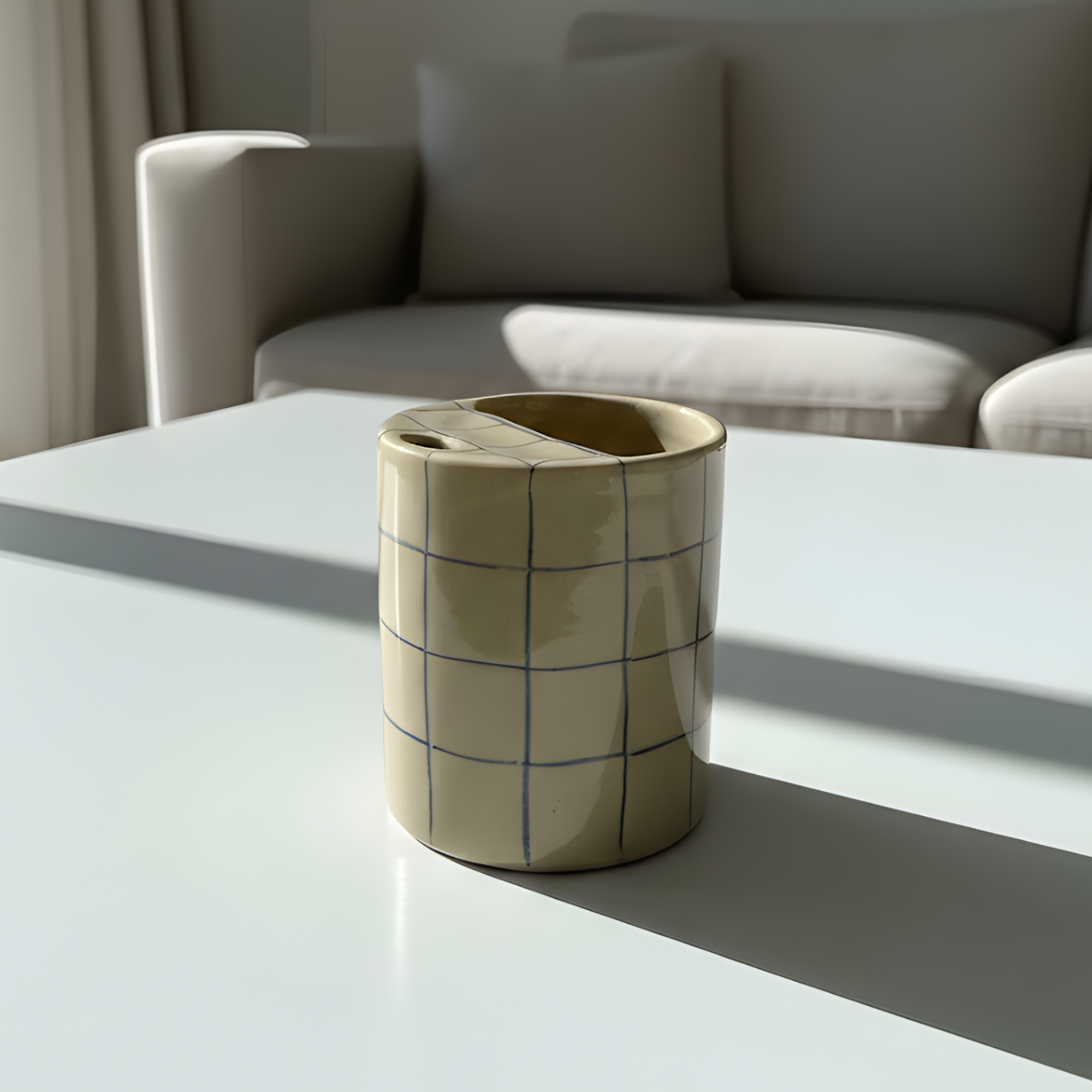 Handcrafted Ceramic Travel Mug with Built-in Lid, Minimalist Blue Grid Commuter Coffee Cup • HX09