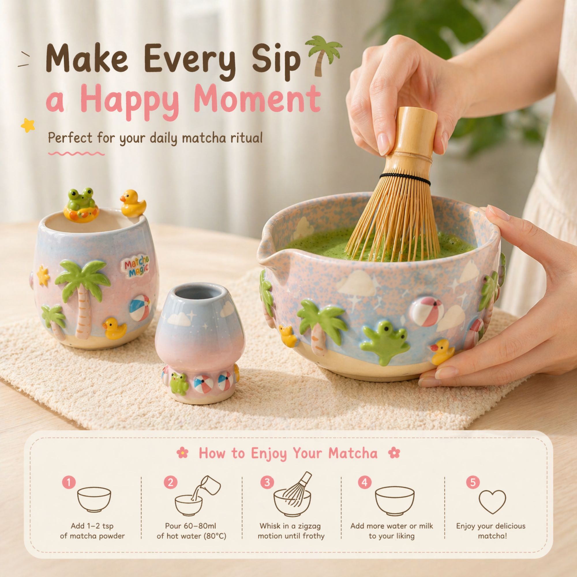 Handmade Frog Matcha Bowl Set, Cute Duck Ceramic Matcha Tea Set, Ombre Matcha Bowl with Whisk Holder, Kawaii Tea Gift | LA2