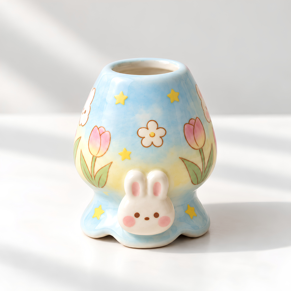 Bunny Tulip Matcha Bowl Set, Spouted Chawan & Whisk Holder, Handmade Ceramic Tea Set, Kawaii Gift for Bunny & Matcha Lovers