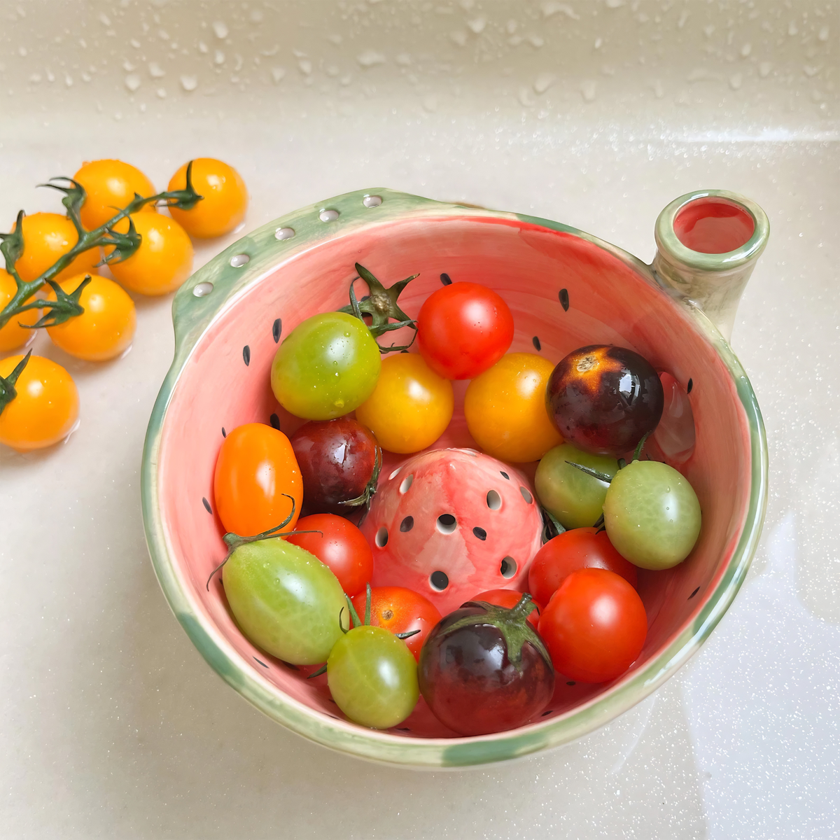 Watermelon Ceramic Berry Washing Bowl, Fruit Rinser Colander with Side Water Inlet, Fruit Gift, Hostess Gift| LA105