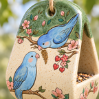 Bluebird Ceramic Bird Feeder - Hanging Seed Holder with Perch, Hand Painted Garden Pottery.