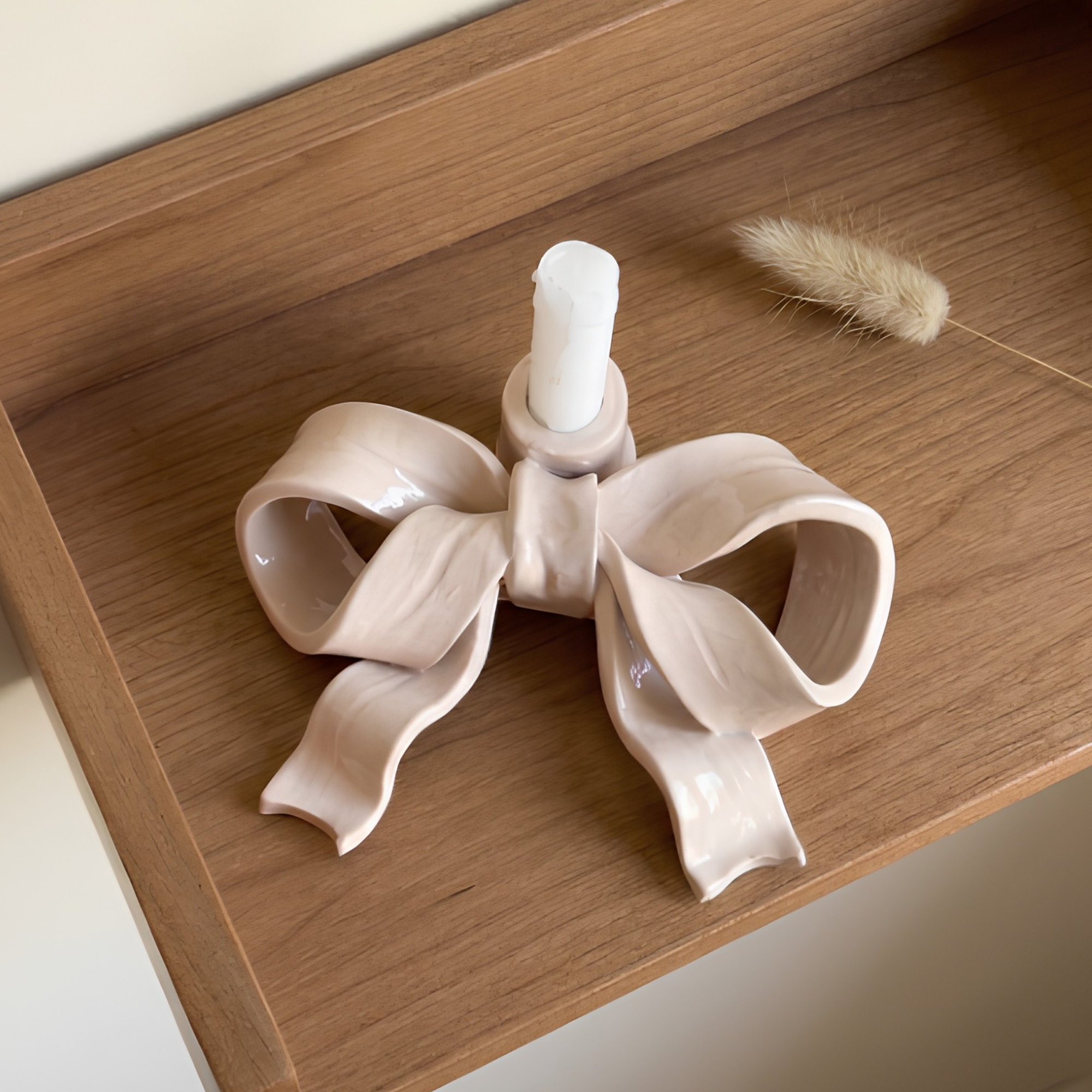 Handcrafted Ribbon Bow Ceramic Candle Holder, Pink Nude Coquette Taper Candlestick Stand • HX38