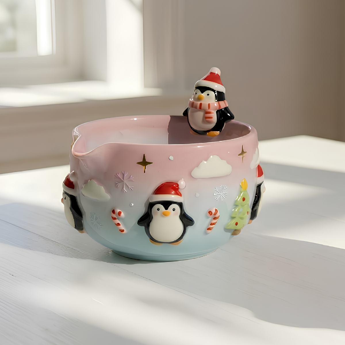 Christmas Penguin Matcha Bowl, Handmade Ceramic Matcha Set with Whisk Holder, Cute Winter Chawan, Penguin Gift for Matcha Lover | LA049