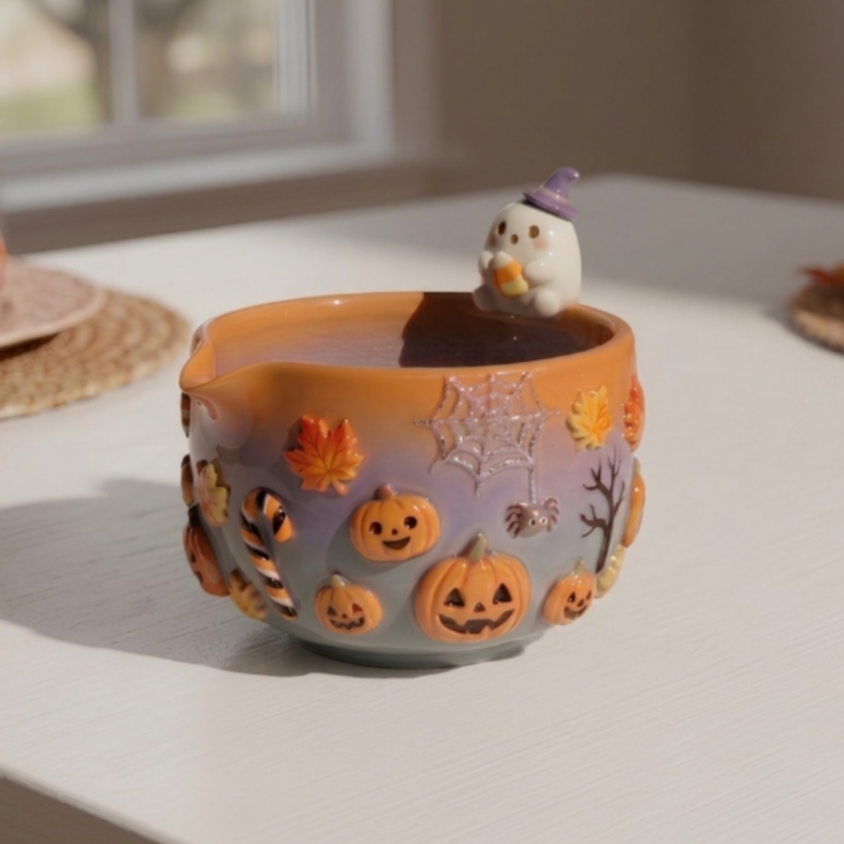 Halloween Ghost Matcha Bowl Set | Handmade Ceramic Pumpkin Whisk Holder | Orange Purple Ombre Autumn Chawan | Cute Fall Gift for Tea Lovers | LA053