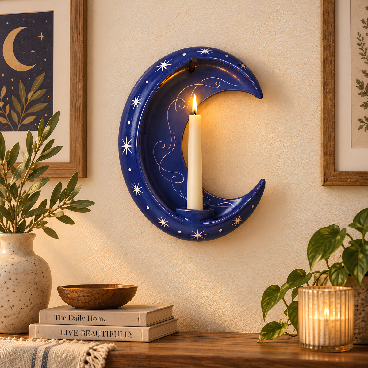 Handmade Crescent Moon Ceramic Wall Candle Holder, Celestial Taper Candle Sconce, Star Wall Decor, Moon Lover Gift, Housewarming Gift