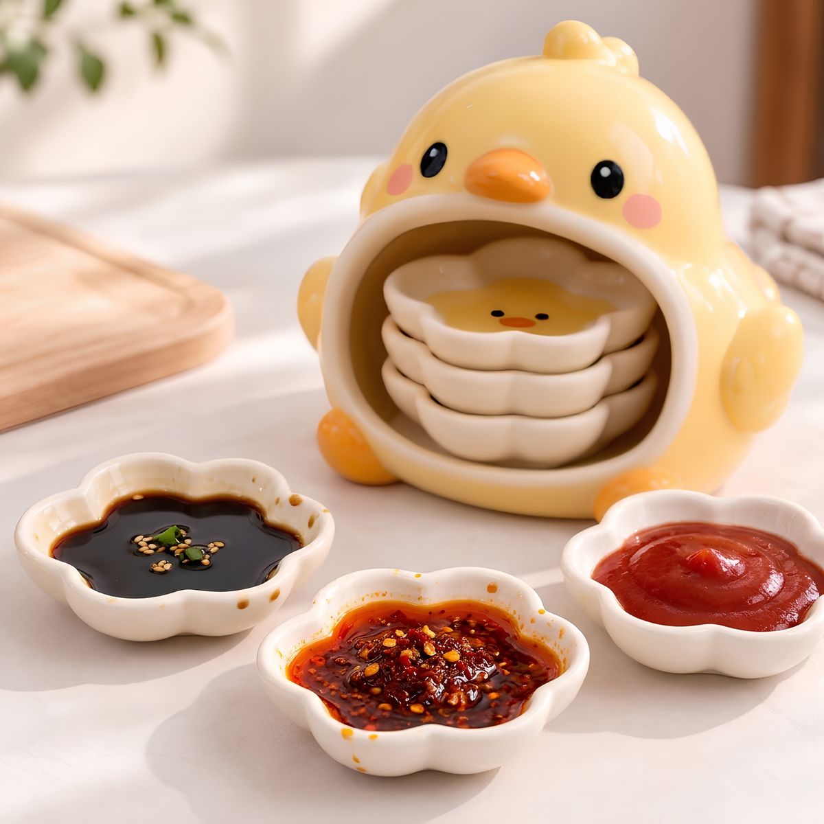 Chick Ceramic Dipping Dish Set - Flower Shaped Sauce Plates & Holder, Handmade Tableware.