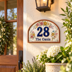 Personalized Floral Ceramic House Number Sign - Custom Address Plaque, Handmade Cottage Door Decor.