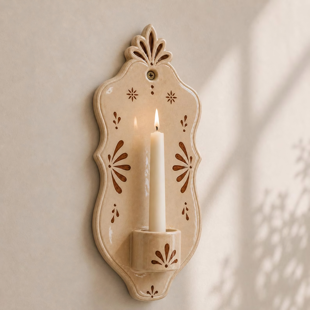 Ceramic Wall Candle Holder, Handmade Mediterranean Wall Sconce, Beige Taper Candle Holder, Farmhouse Boho Wall Decor | LA130